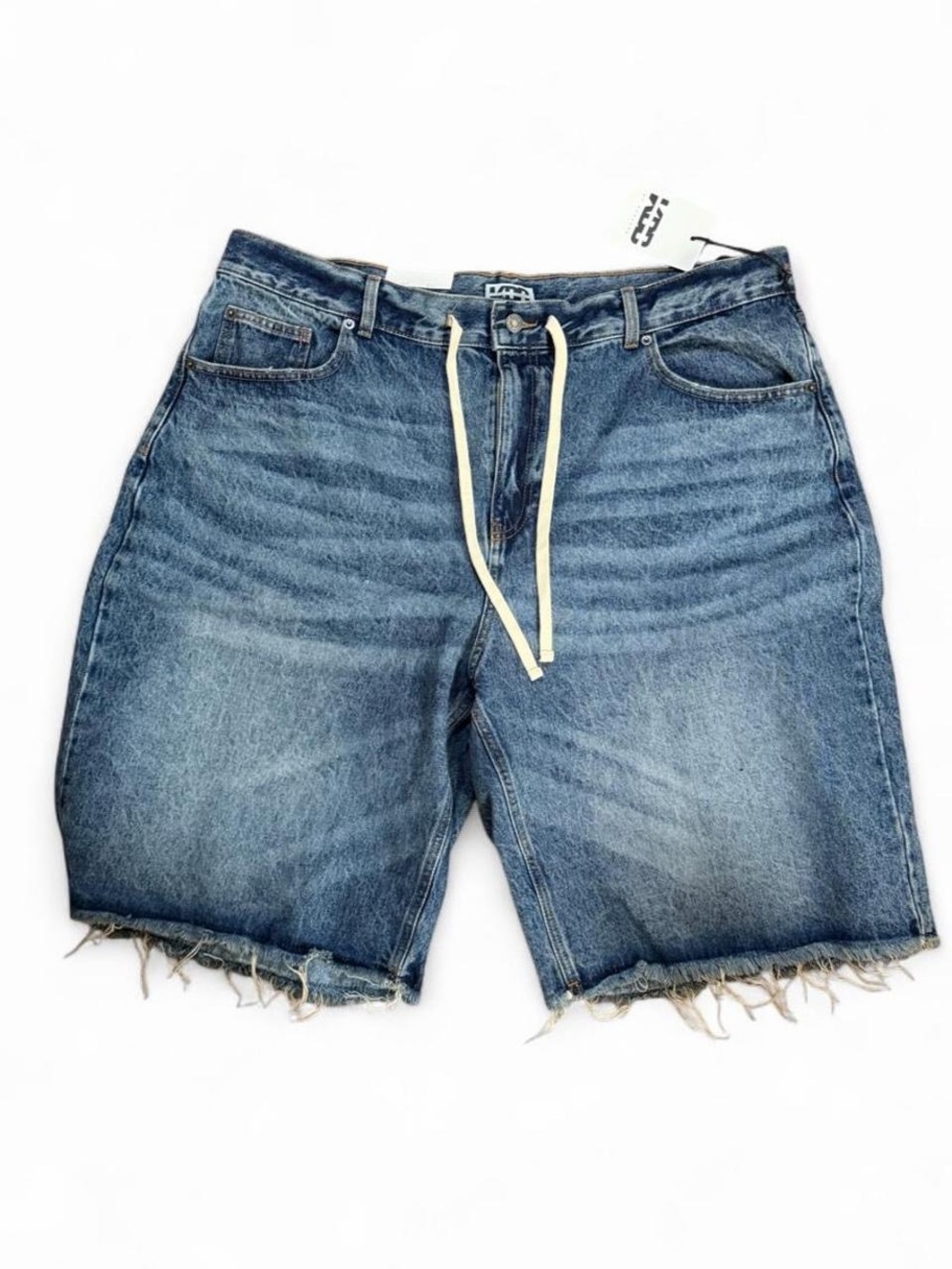 Women's Mid-Blue Denim Frayed Hem Shorts with Drawstring